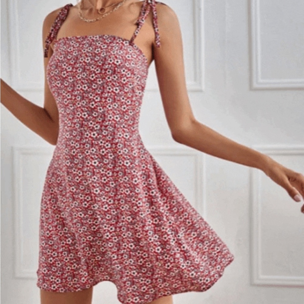 Red, white and floral Sundress with tie shoulders